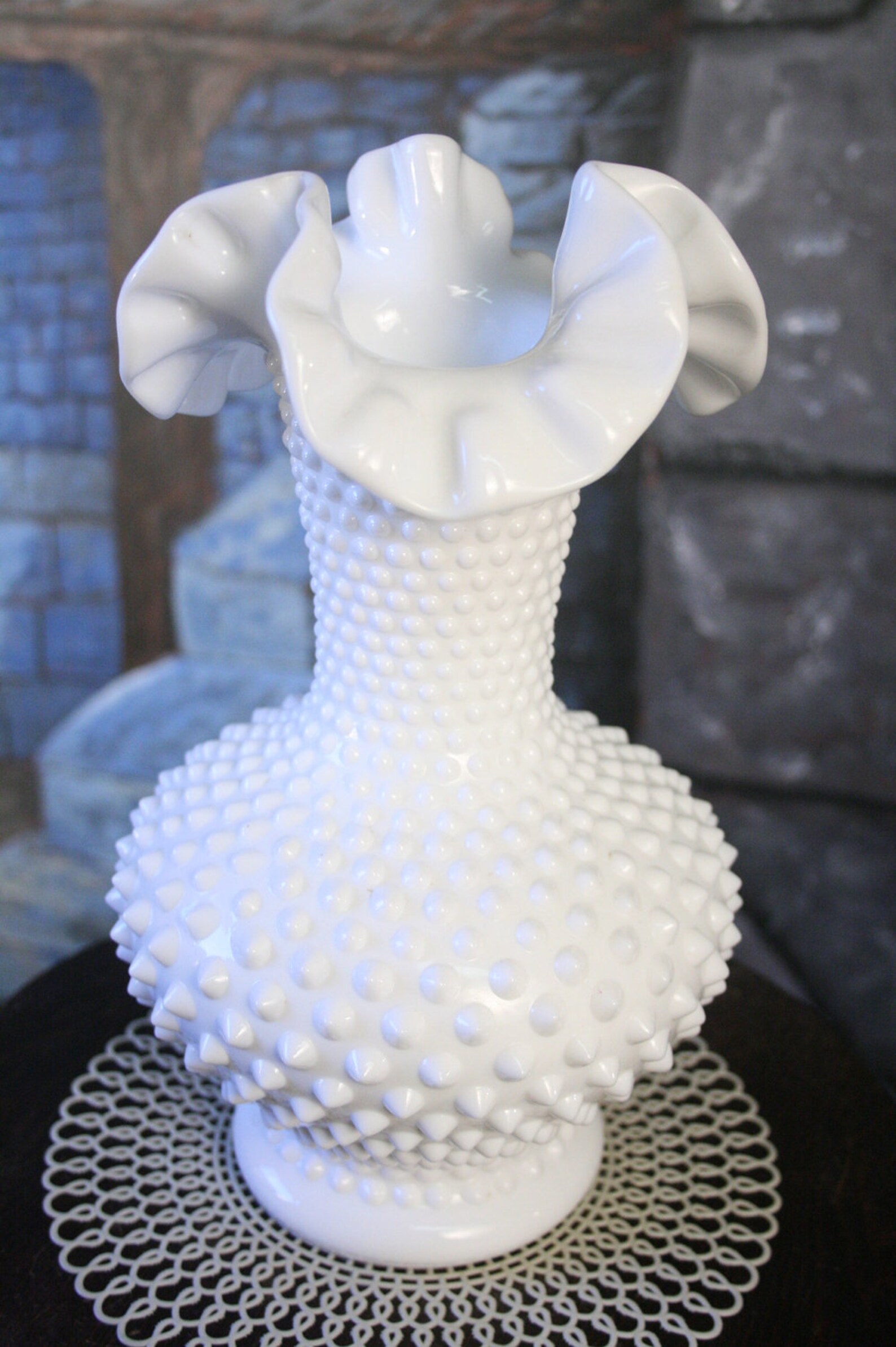 Vintage Fenton Hobnail Milk Glass Vase Ruffle Edge Large Size Etsy