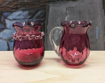 Vintage Hand blown Glass Pilgrim Cranberry Sugar Creamer Set Fluted Edge signed Clear Handle Trim  gift