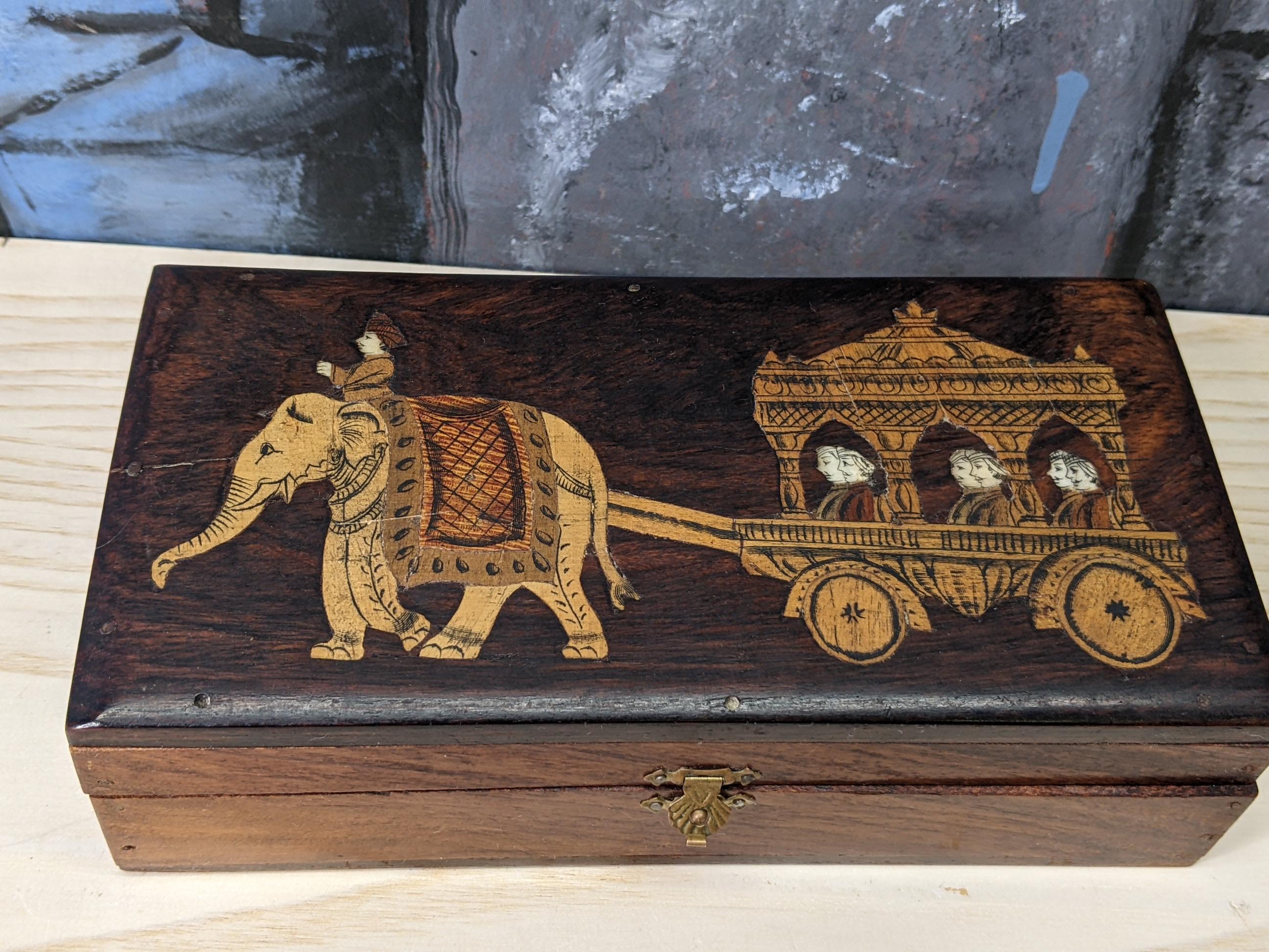 Joyero de madera vintage con forma de elefante tirando de un carruaje real, con incrustaciones, 8 pulgadas de madera pesada