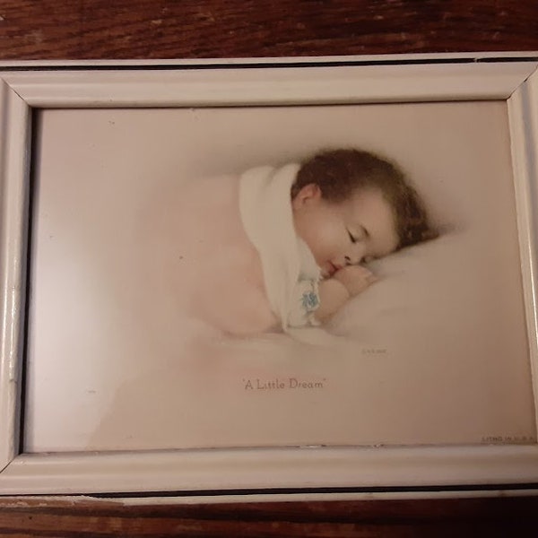 Vintage Sleeping Baby Art Print A Little Dream Annie Benson Muller Litho Framed MB 1932 Baby Gift Vintage