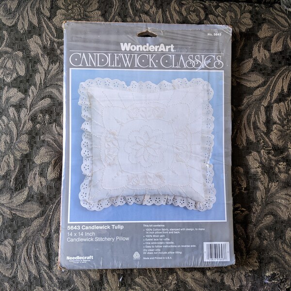 Vintage WonderArt Candlewick Classics Stitchery 5643 Tulip Flower 14" x 14 Pillow Kit Craft Sealed Made in USA Wool Thread