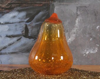 Blown Glass Pear Paperweight Orange With Bubbles Vintage Hand Blown Mid Century fall  Decor Gift Cottage Fruit Tableware