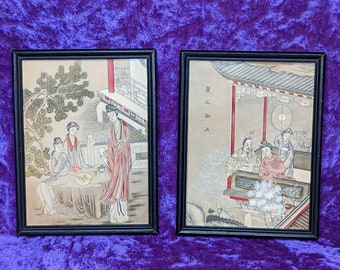 Vintage 2 Framed Geisha Oriental Asian Art Print Lady Garden Scenes Japan Chinese Reliance industries 6x8 Wood frames