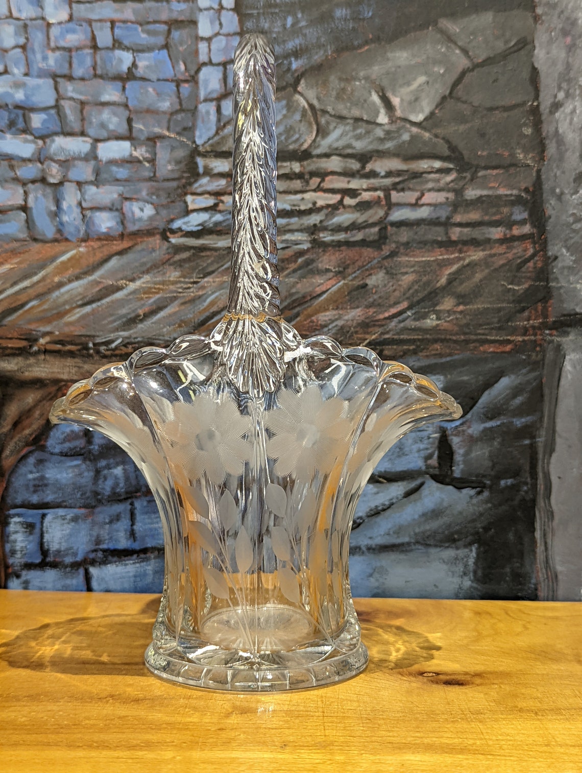 Vintage Glass Wedding Basket Flower Etched Braid Handle Etsy