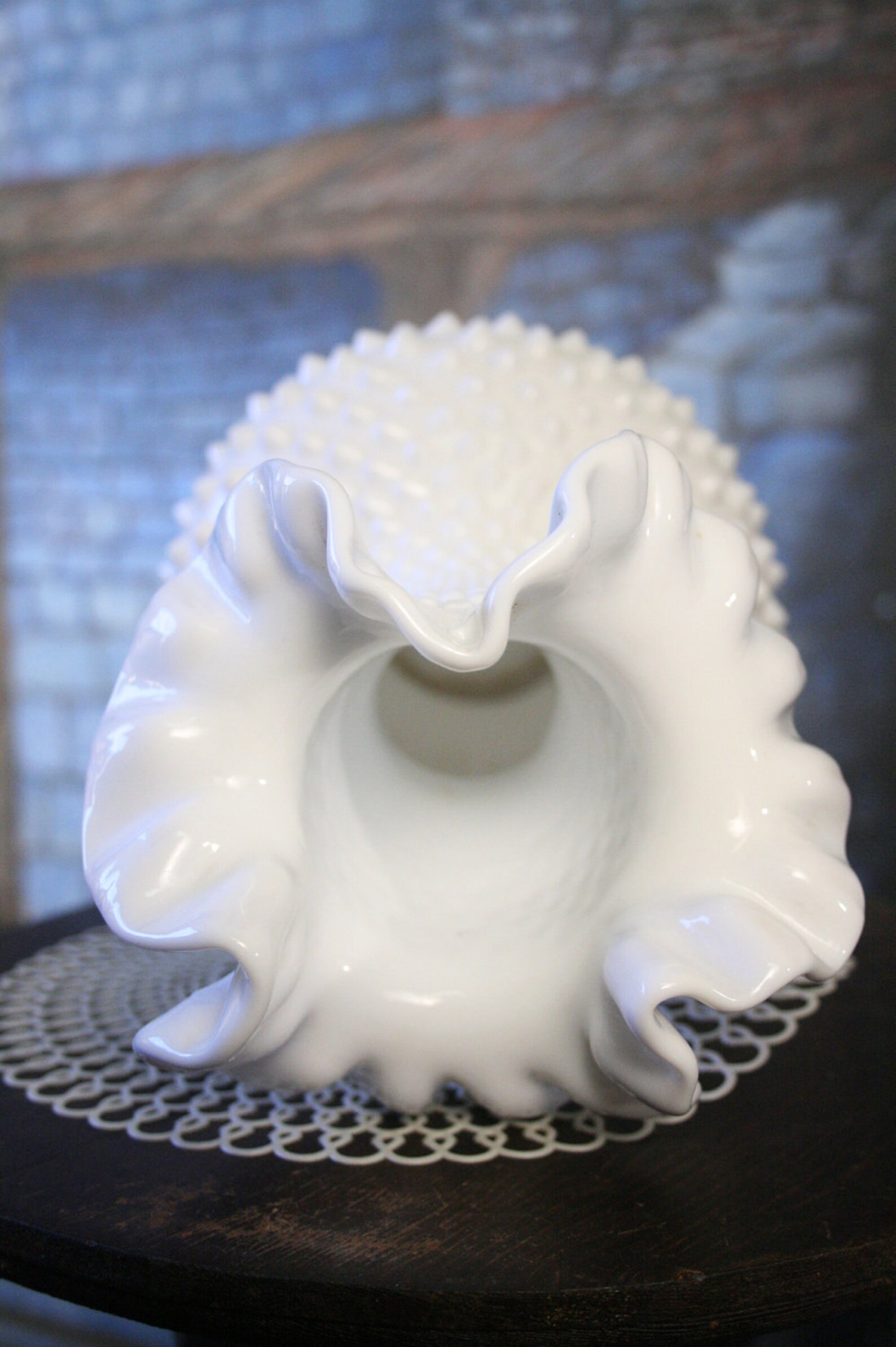 Vintage Fenton Hobnail Milk Glass Vase Ruffle Edge large Size Etsy