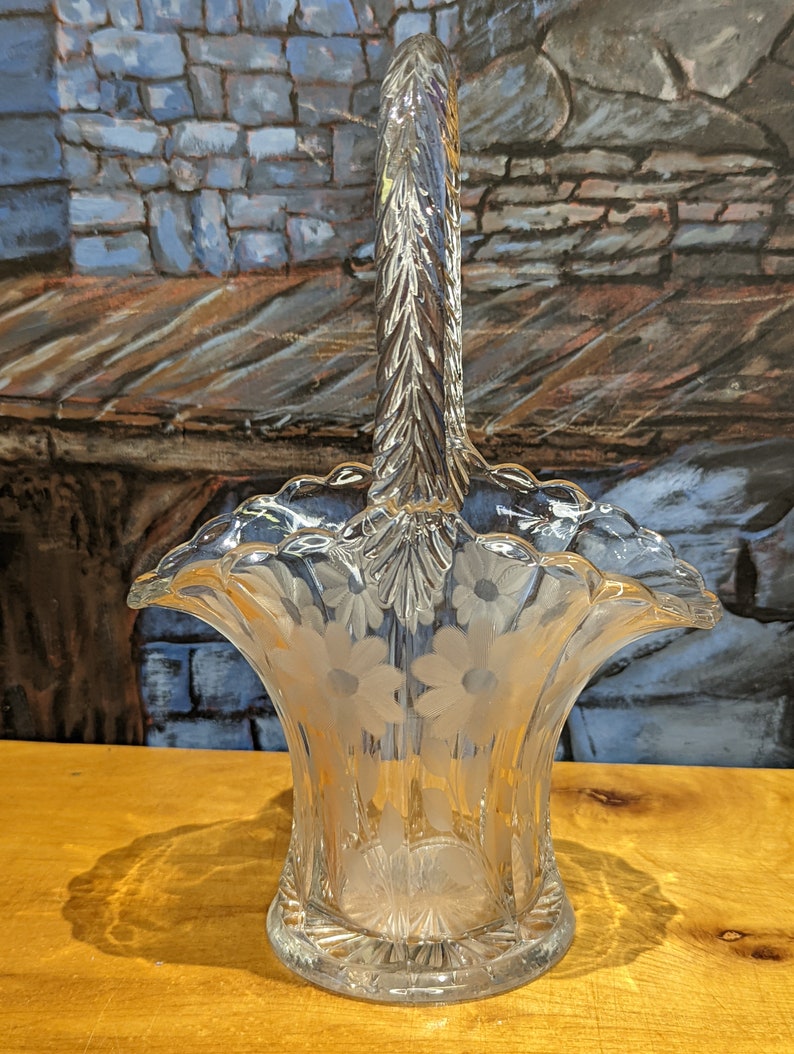 Vintage Glass Wedding Basket Flower Etched Braid Handle Etsy