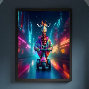 Jirafa en scooter, arte de pared imprimible, arte de pared genial, decoración divertida para el hogar, impresión de pared de animales, decoración de habitación para niños, regalo artístico