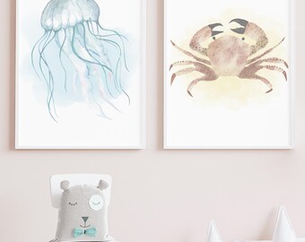 Sea Animal Nursery Print: Watercolor Crab & Jellyfish (Digital Download)