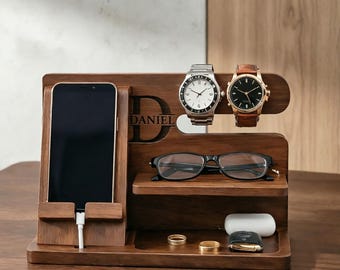 Personalized Wood Docking Station: Engraved Desk Organizer, Phone Stand, Gifts for Men, Father's Day Gift