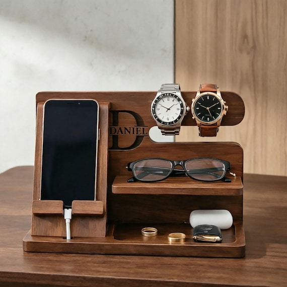 Personalized Wood Docking Station: Engraved Desk Organizer, Phone Stand, Gifts for Men, Father's Day Gift