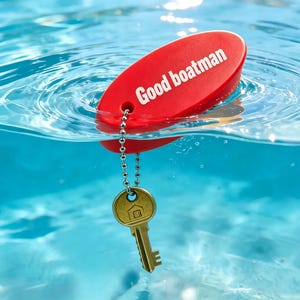 Könnte beinhalten: Ein leuchtend roter, ovaler Schwimmschlüsselanhänger mit dem weißen Schriftzug Good boatman auf der Oberfläche, befestigt an einer silbernen Metallkugelkette mit einem messingfarbenen Schlüssel, der ein kleines Haus-Symbol auf dem Kopf trägt, im Wasser.