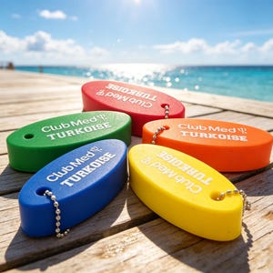 Op de afbeelding: Een verzameling van vijf kleurrijke, ovale sleutelhangers. Elke sleutelhanger heeft een andere kleur: rood, groen, oranje, blauw en geel. Op de sleutelhangers staat in witte letters "Club Med TURKOISE". Elke sleutelhanger heeft een zilveren ketting.