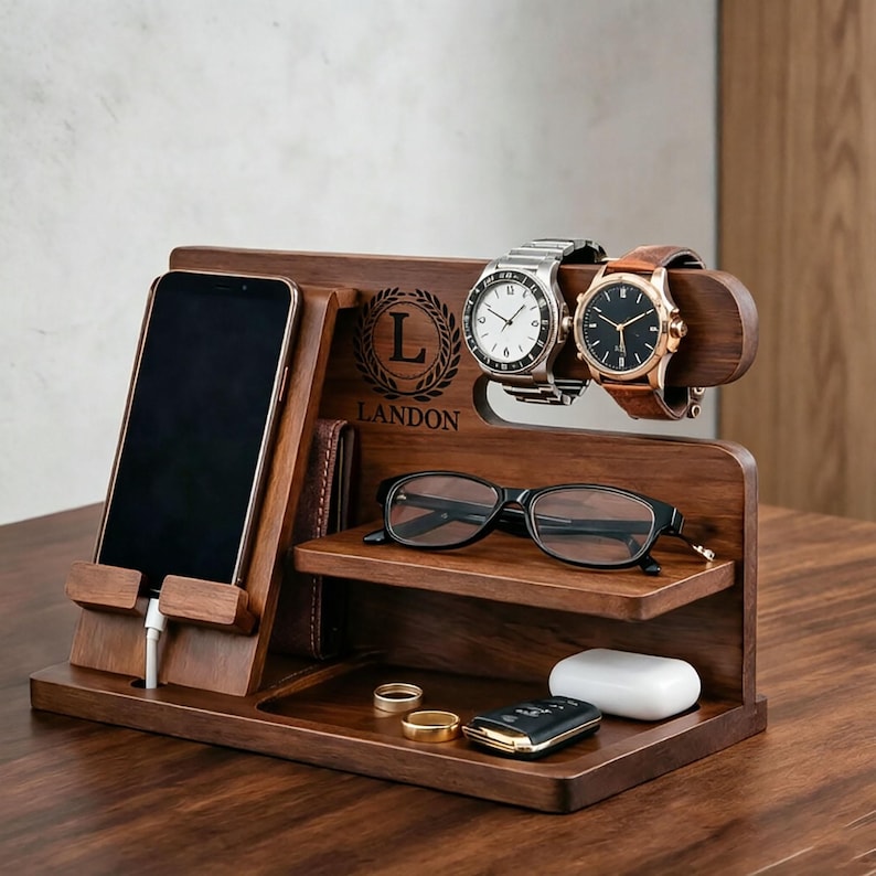 Pu&ograve; includere: Una docking station in legno marrone scuro dotata di supporto per smartphone con cavo di ricarica, un ripiano per occhiali e una barra orizzontale per due orologi da polso. Il legno &egrave; inciso con un emblema a corona d'alloro e il nome LANDON.