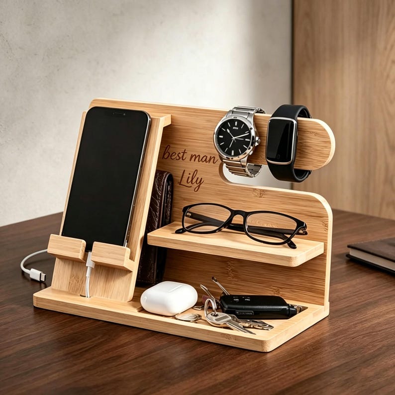 Pu&ograve; includere: Una docking station in bamb&ugrave; con supporto per telefono e cavo di ricarica, un ripiano per occhiali e un gancio per orologi. Il legno &egrave; inciso con il testo "best man" e "Lily". La base ospita una custodia bianca per auricolari e un mazzo di chiavi.