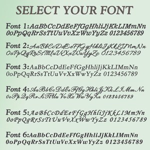 Pu&ograve; includere: Una tabella intitolata SELECT YOUR FONT che mostra sei diversi stili di carattere etichettati da Font 1 a Font 6. Ogni voce include l'alfabeto completo in maiuscolo e minuscolo seguito dai numeri da 0 a 9 in testo marrone scuro.