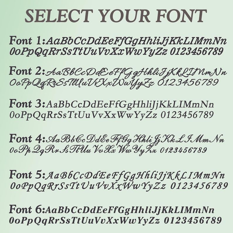 Pu&ograve; includere: Una tabella intitolata SELECT YOUR FONT che mostra sei diversi stili di carattere etichettati da Font 1 a Font 6. Ogni voce include l'alfabeto completo in maiuscolo e minuscolo seguito dai numeri da 0 a 9 in testo marrone scuro.