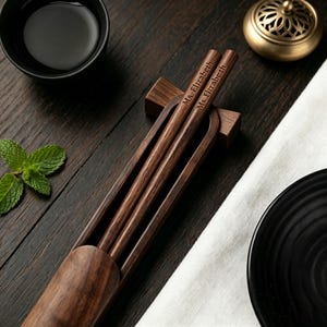 May include: A pair of dark brown wooden chopsticks resting in a matching wooden holder. Each chopstick is engraved with the text Ms. Elizabeth in a clean, dark font. The chopsticks feature a natural wood grain pattern and a smooth, polished finish.