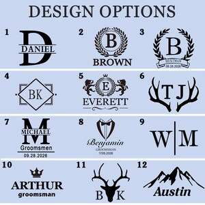 Pu&ograve; includere: Una griglia di dodici opzioni di design grafico nero su sfondo azzurro, numerate da 1 a 12. I design presentano vari monogrammi, nomi come Daniel, Brown, Everett, Michael, Benjamin, Arthur e Austin, e icone tra cui ghirlande, leoni, corna, uno smoking e montagne.