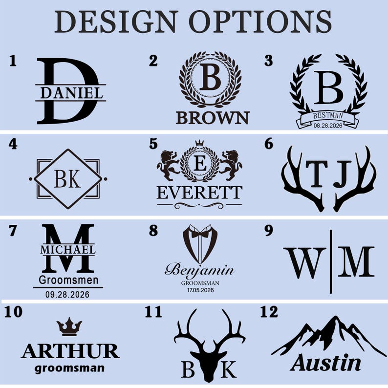 Pu&ograve; includere: Una griglia di dodici opzioni di design grafico nero su sfondo azzurro, numerate da 1 a 12. I design presentano vari monogrammi, nomi come Daniel, Brown, Everett, Michael, Benjamin, Arthur e Austin, e icone tra cui ghirlande, leoni, corna, uno smoking e montagne.