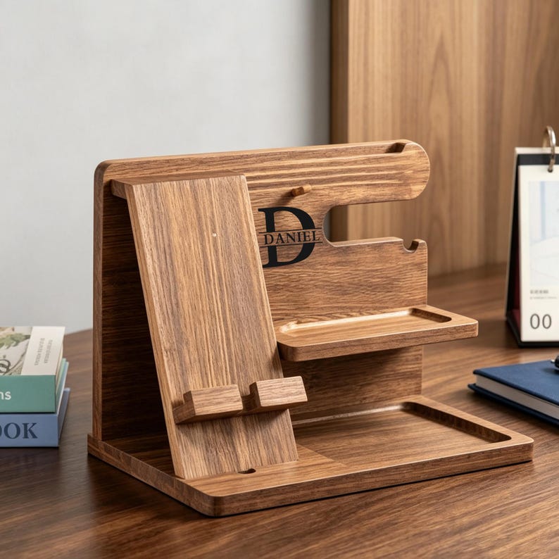 Pu&ograve; includere: Una docking station in legno con finitura a venature marrone scuro, dotata di supporto per telefono, un piccolo ripiano e un vassoio di base. Il centro del pannello posteriore &egrave; inciso con una grande lettera D e il nome DANIEL in nero.