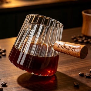 Puede incluir: Una jarra de cristal transparente y acanalada llena de líquido marrón oscuro, con un mango de madera grabado con la palabra Lumber. El cuerpo de cristal tiene un pico vertedor y marcas de medición impresas en el lateral, con un diseño vertical.