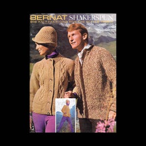 May include: A vintage knitting pattern book cover featuring a couple wearing brown knit sweaters. The book is titled "Bernat Shakerspun Big Knit Fashions for the Active Family" and the book number is 141. The cover also features a mountain landscape.