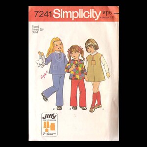 1975 Simplicity Childs Jiffy Dress or Top and Pants Pattern 7241 - Vintage Sewing Pattern - UNCUT - Children Girl&#39;s Size 6 - Fashion DIY