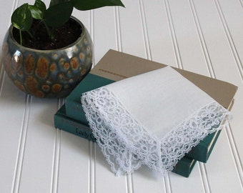 Vintage Handkerchief in White with Lace Border