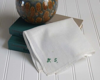 Vintage Handkerchief in White with Embroidered Monogram Letters G. S.