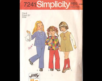 1975 Simplicity Childs Jiffy Dress or Top and Pants Pattern 7241 - Vintage Sewing Pattern - UNCUT - Children Girl's Size 6 - Fashion DIY