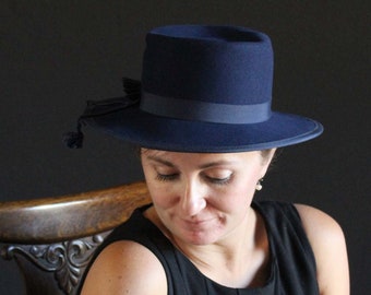 Vintage Henry Pollak Ritz Wool Hat in Navy Blue - Brimmed Hat - Halloween Costume - Tea Party - Wedding - Cocktail Hat - Dress Up