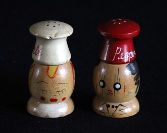 Salt- och pepparkar i trä, kockansikte - Vintage S&P-set - Tillverkad i Japan - Kökssamlarobjekt - Baker Cook Chef - Kitsch