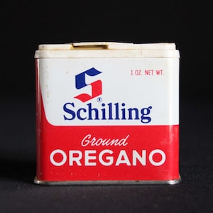 Vintage Schilling Spice Tin - Ground Oregano - Spice Container - McCormick & Co - 1 oz - Retro Kitchen Decor - Mid Century