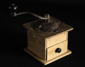 Vintage Tabletop Coffee Grinder - Dovetailed Wooden Base with Drawer - Cast Iron Hand Crank - Farmhouse Primitive Kitchen Decor - Utensil