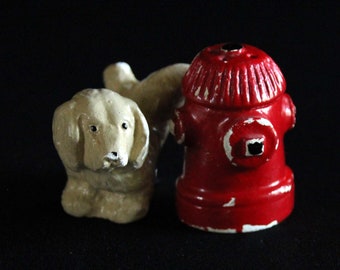 Vintage Dog and Fire Hydrant Salt and Pepper Shaker Set - Puppy - Animal - Retro Kitchen Decor - S&P Set - Chalkware - Plaster - Peeing Dog