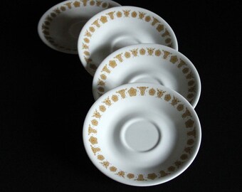 Corelle Butterfly Gold Saucers - White with Golden Yellow Flowers and Butterflies - Corning - Pyrex - Small Plates