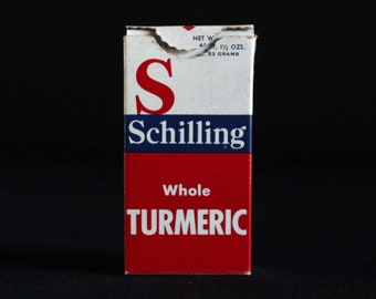 Vintage Schilling Spice Box - Whole Turmeric - Spice Container - McCormick & Co - 1-1/2 oz - Retro Kitchen Decor - Mid Century - Cardboard