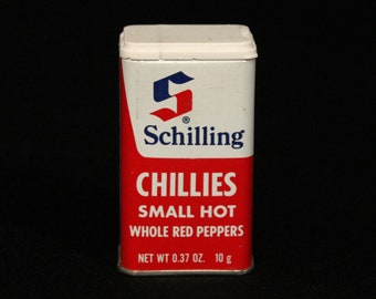 Vintage Schilling Spice Tin - Chillies Small Hot Whole Red Peppers - Spice Container - McCormick & Co - 0.37 oz - 10g - Retro Kitchen - 1974