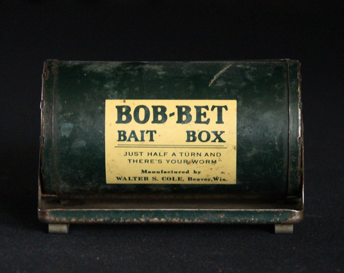 Vintage Bobbet Rotating Bait Box Green Metal Bait Box Fishing Gear