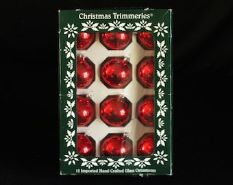 Christmas Trimmeries by Bradford Glass Christmas Tree Ornaments in Box - Set of 12 Glass Ball Ornaments in Red - Retro Holiday Decorations
