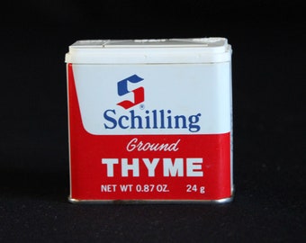 Vintage Schilling Spice Tin - Ground Thyme - Spice Container - McCormick & Co - 0.87 oz - 24 g - Retro Kitchen Decor - Mid Century 1977