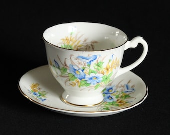 Clarence Bone China Tea Cup and Saucer - Morning Glory Pattern - Made in England - Gold Trim - Footed Tea Cup - Tea Service - Blue Flowers