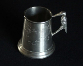 Vintage Selandia Pewter Baby Mug with Stork Handle - Made in Sheffield, England - Engravable - Nursery Decor - Baby Shower Gift