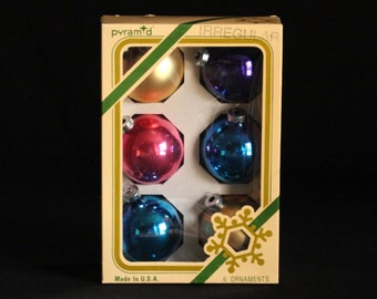 Pyramid Glass Christmas Tree Ornaments in Box - Set of 6 Glass Ball Ornaments in Assorted Colors - Retro Holiday Decorations