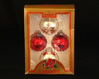 Rauch Glass Christmas Tree Ornaments in Box - Set of 4 Glass Ball Ornaments - Red and Silver - Glitter Snowflake - Retro Holiday Decorations