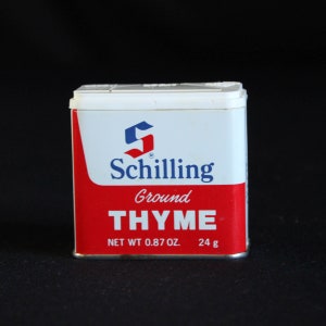 Vintage Schilling Spice Tin - Ground Thyme - Spice Container - McCormick & Co - 0.87 oz - 24 g - Retro Kitchen Decor - Mid Century 1977