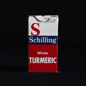 Vintage Schilling Spice Box - Whole Turmeric - Spice Container - McCormick & Co - 1-1/2 oz - Retro Keuken Decor - Mid Century - Karton