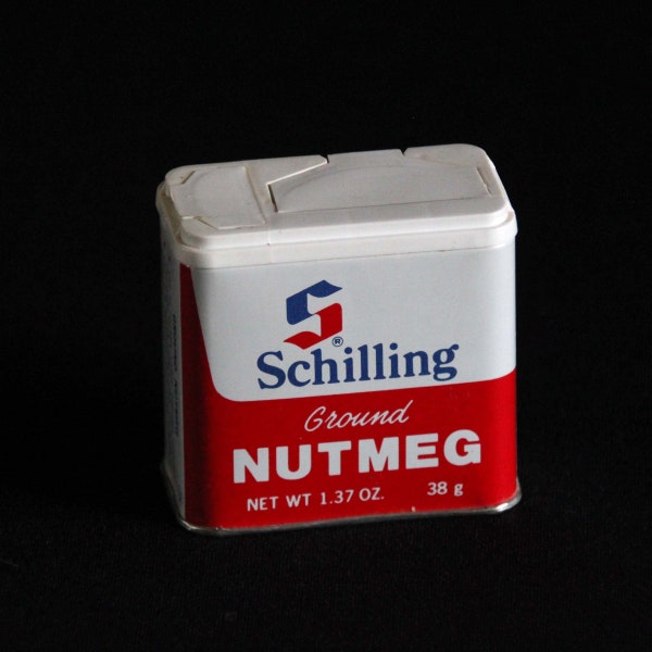 Vintage Schilling Spice Tin - Ground Nutmeg - Spice Container - McCormick & Co - 1.37 oz - Retro Kitchen Decor - Mid Century 1977