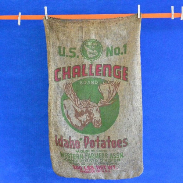 Vintage Challenge Brand Idaho Potatoes Burlap Sack with Moose - 100 LBS - Western Farmers Assn. Idaho Falls, Idaho - Gunny Sack - Frame-able