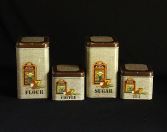 Vintage Cheinco Metal Canister Set - Flour, Sugar, Coffee, Tea - Retro Kitchen Food Storage - Lidded Container - Burlap Look Tin Canisters